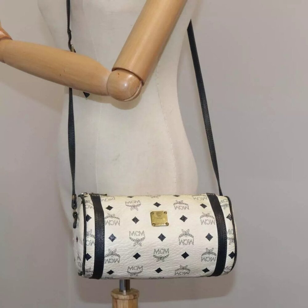 MCM Vicetos Logogram Shoulder Bag PVC Leather White Auth